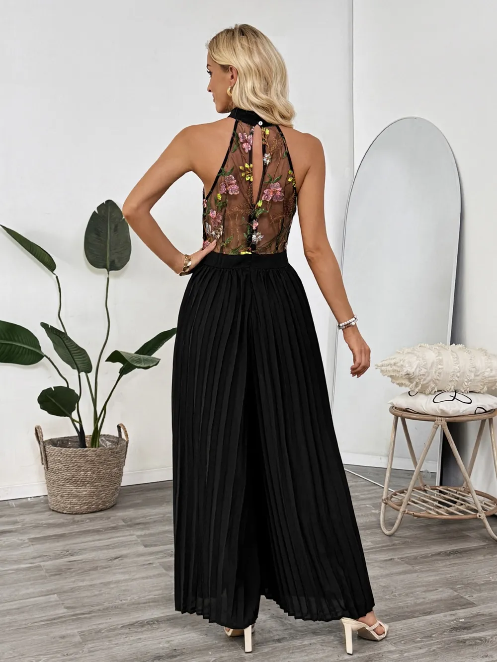 Floral Embroidered Halter Neck Pleated Jumpsuit, image 4
