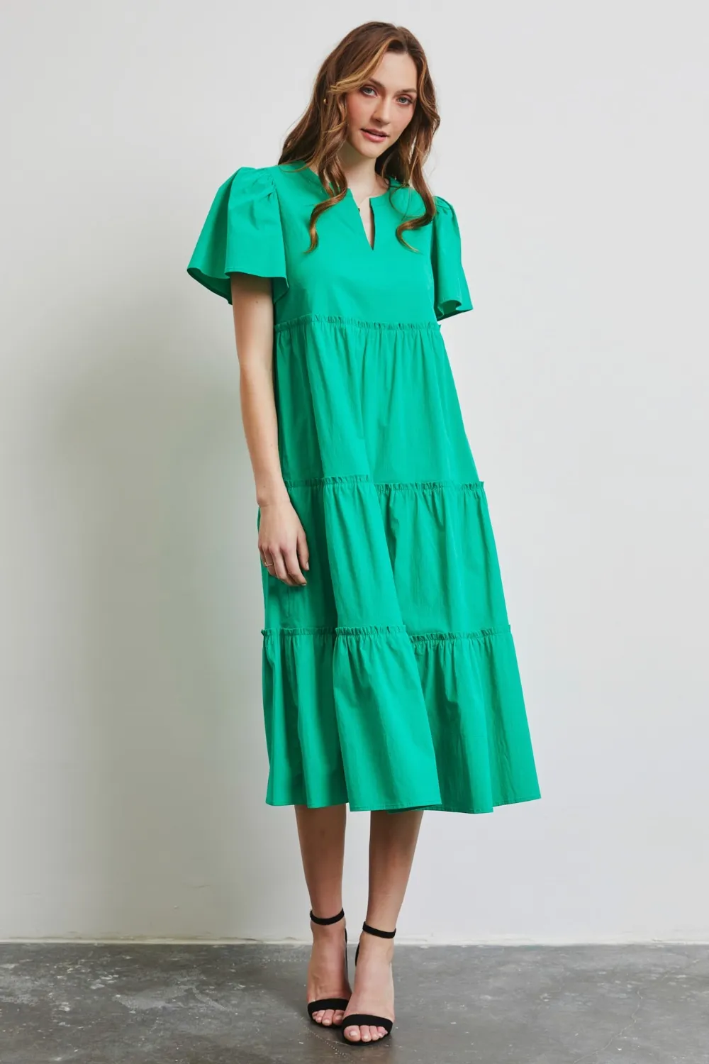 Full Size Cotton Poplin Ruffled Tiered Midi Dress, image 4