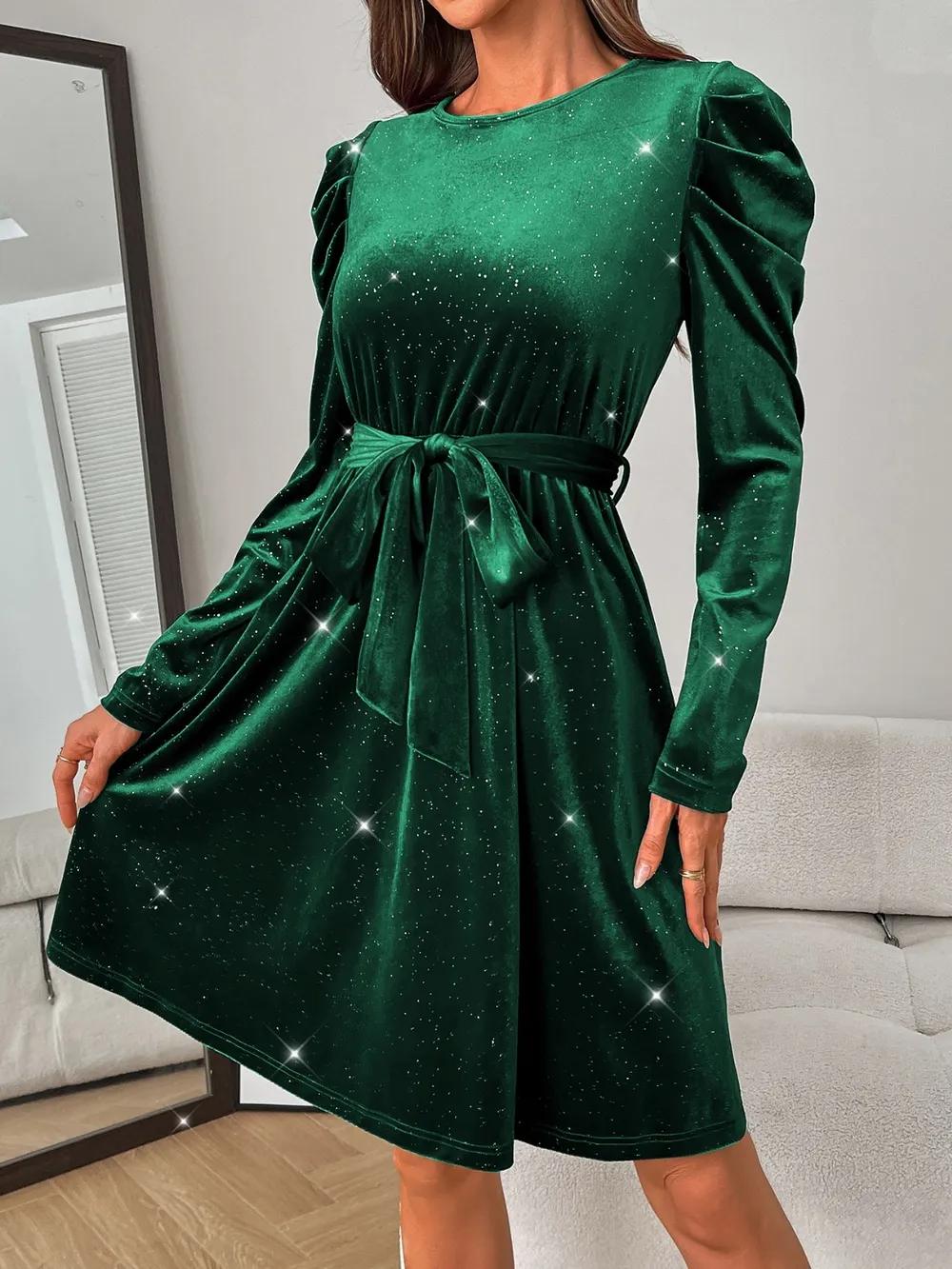 Glitter Round Neck Puff Sleeve Dress, image 3