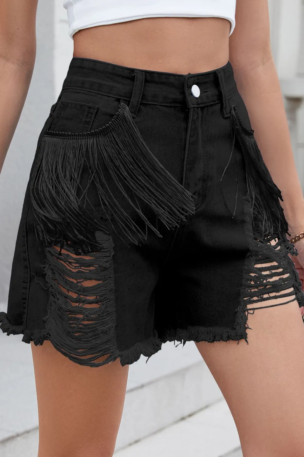 Distressed Fringe Denim Shorts, image 12