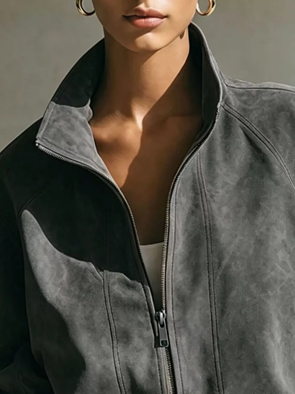 Suede Zip-Up Stand Collar Cropped Jacket, image 5