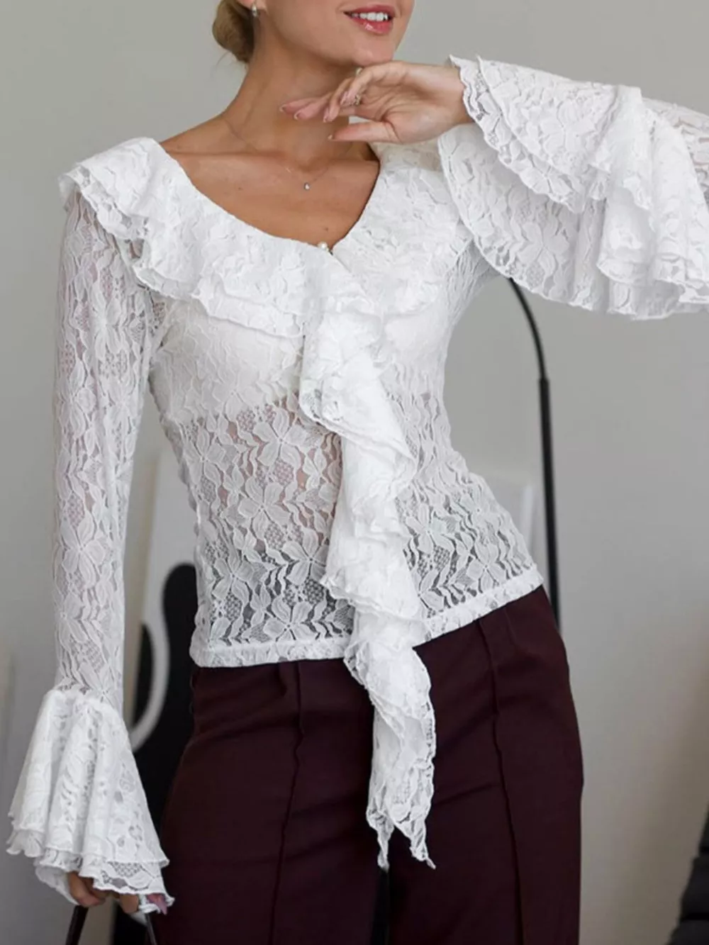 Ruffle Lace Flounce Sleeve Blouse, image 4