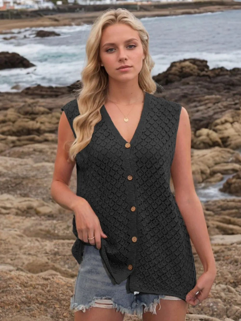 Button Down Eyelet V-Neck Sweater Vest, image 8