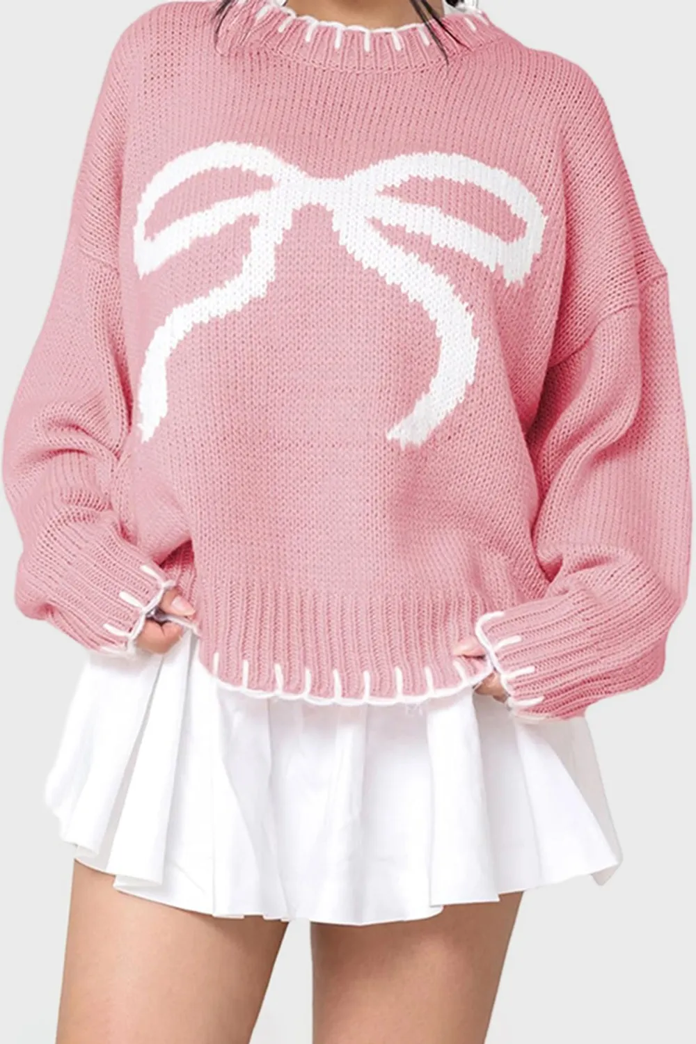 Bow Graphic Round Neck Long Sleeve Sweater, image 10