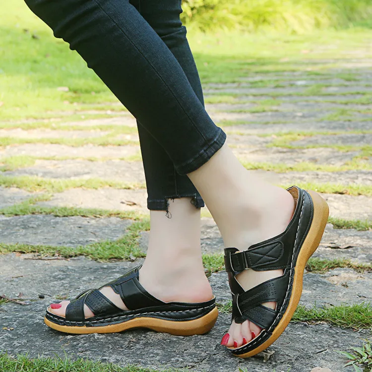 Cutout Leather Wedge Sandals, image 4