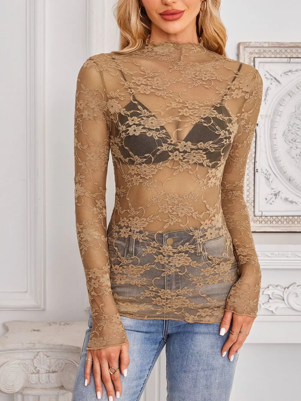 Sheer Floral Lace Long Sleeve Top, image 25