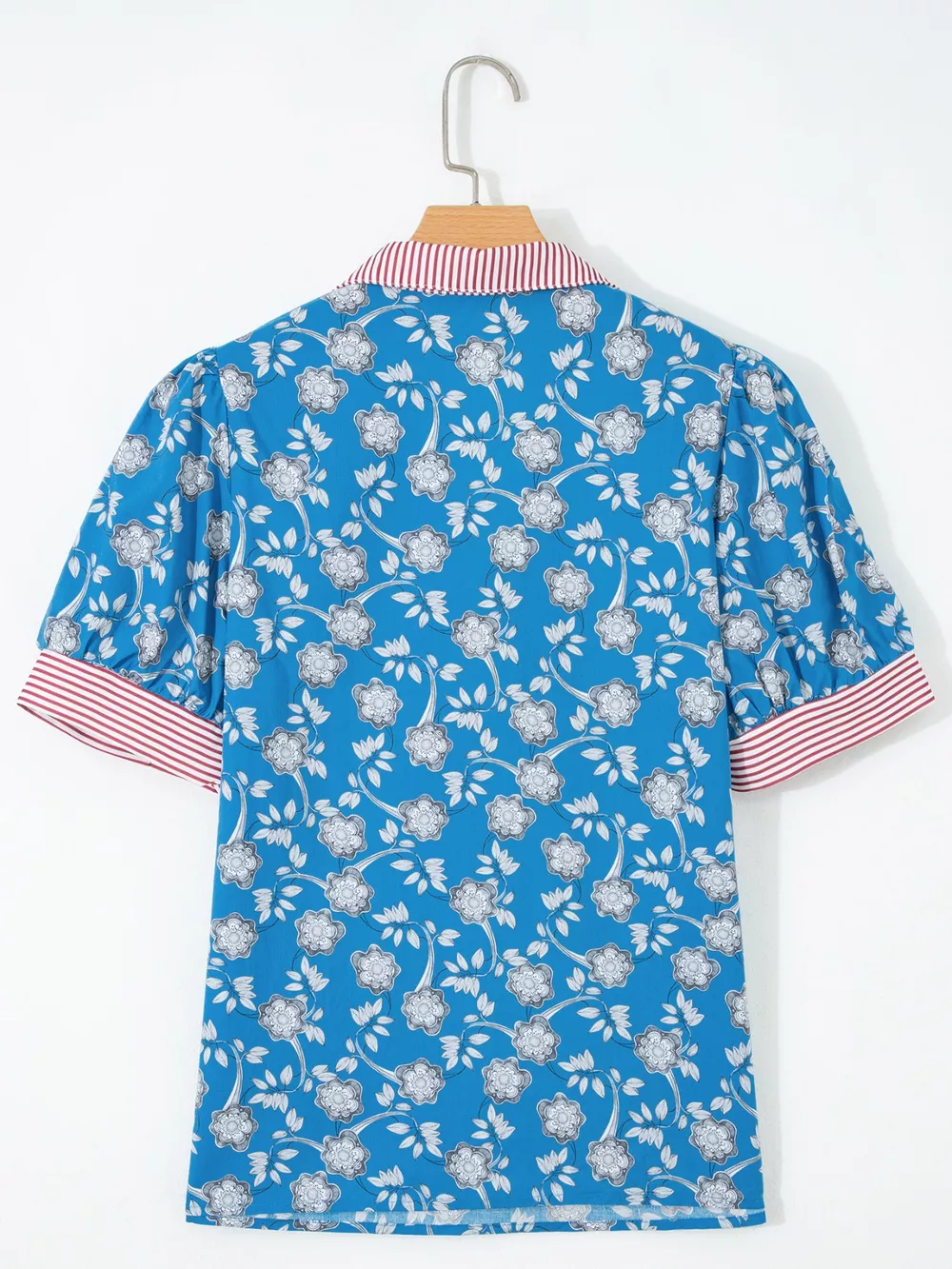 Floral Print Striped Trim Button Neck Short Sleeve Blouse, image 3