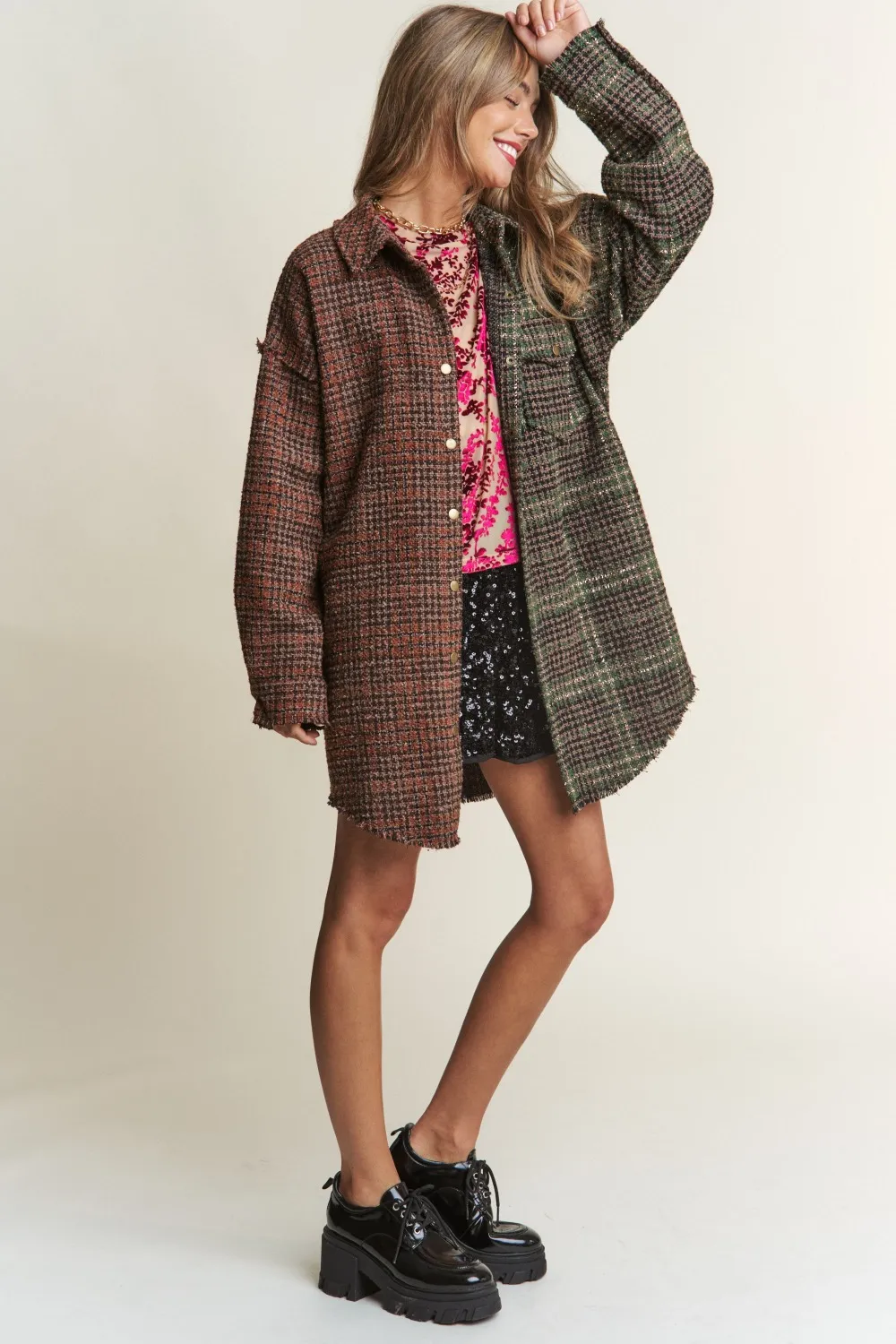 Snap Down Tweed Plaid Contrast Longline Shacket, image 5