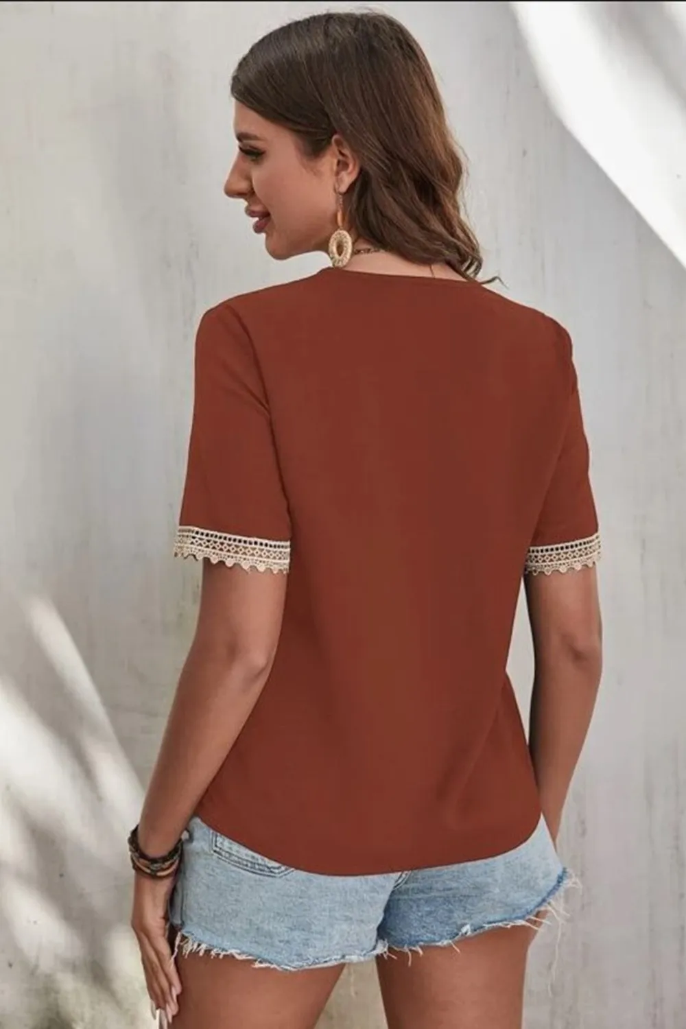 Full Size Lace Detail V-Neck Short Sleeve Blouse Plus Size, image 10