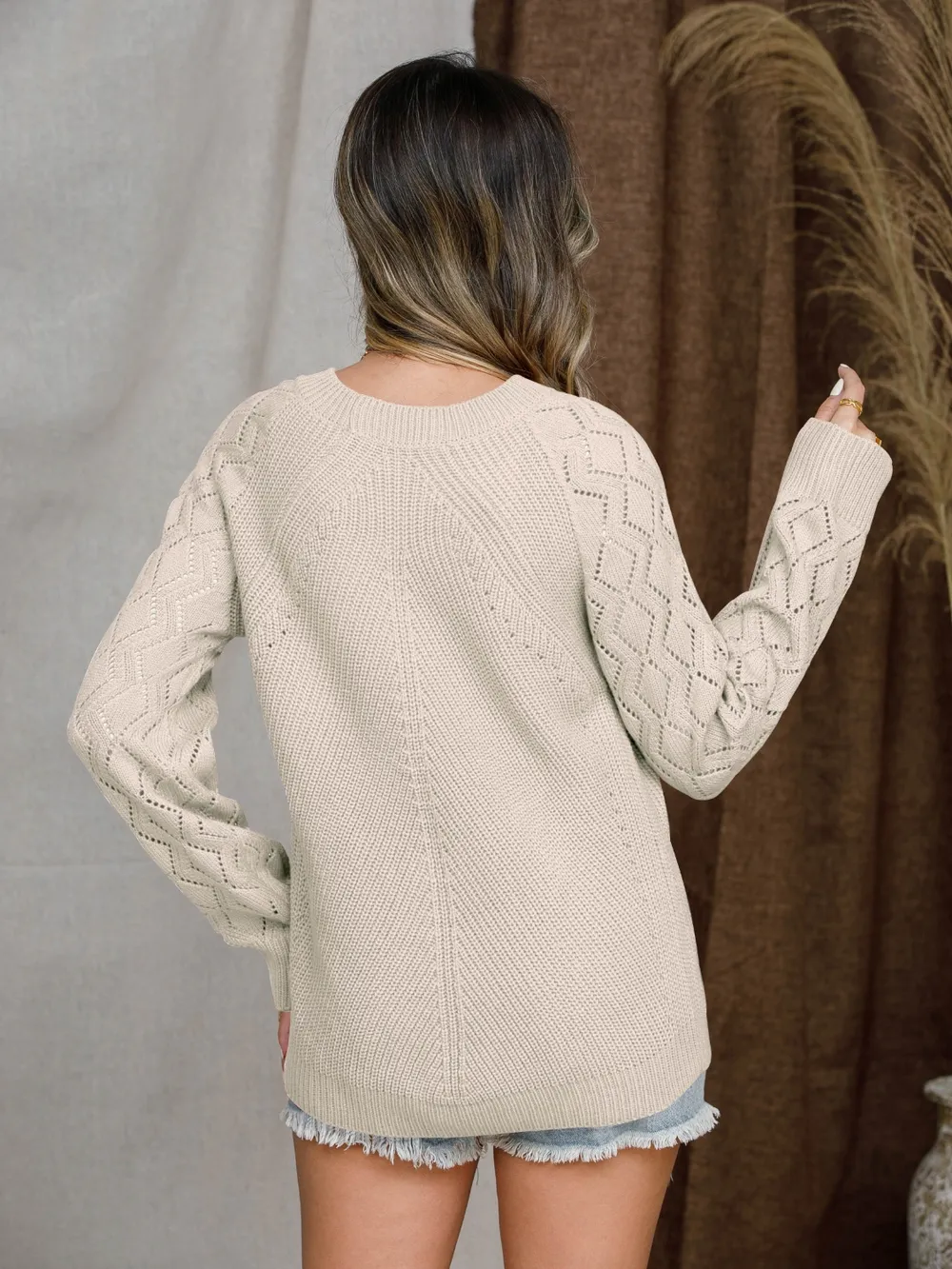 Openwork Round Neck Raglan Sleeve Sweater, image 6