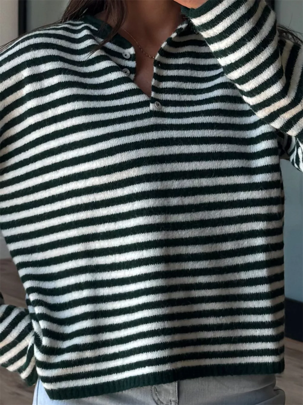 Button Detail Dropped Shoulder Striped Sweater, image 15