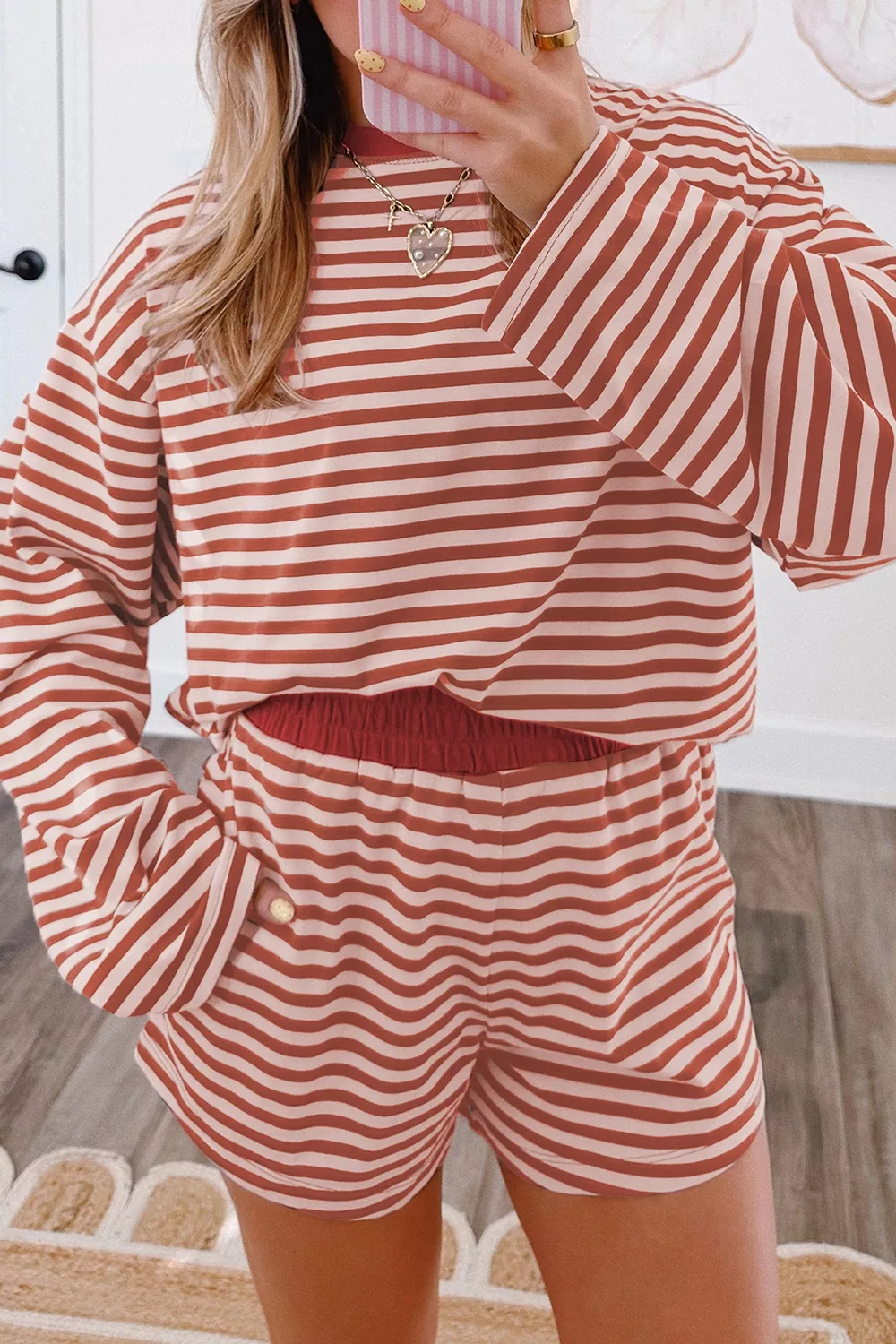 Stripe Relaxed Long Sleeve Top Contrast Elastic Waistband Short Set, image 2