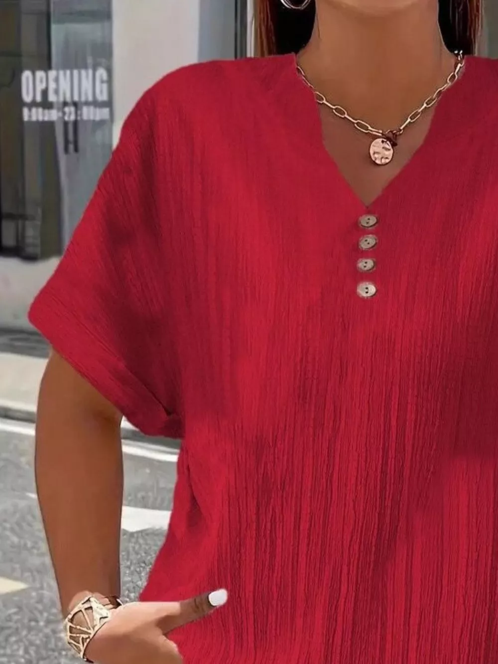 Plus Size Notched Short Sleeve Textured Top, image 7