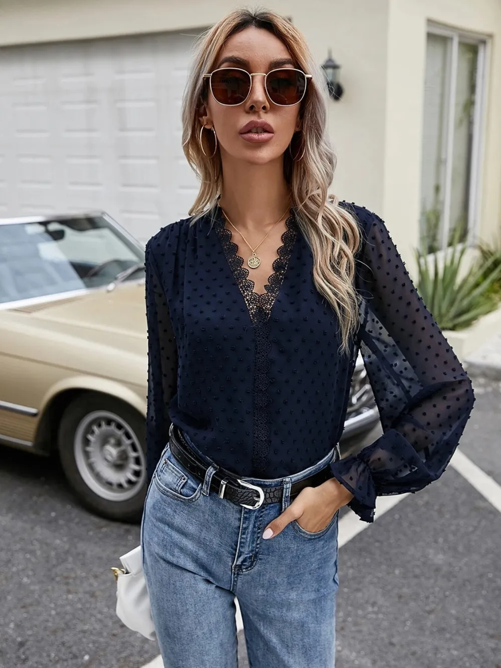 Lace Detail V-Neck Swiss Dot Blouse, image 9
