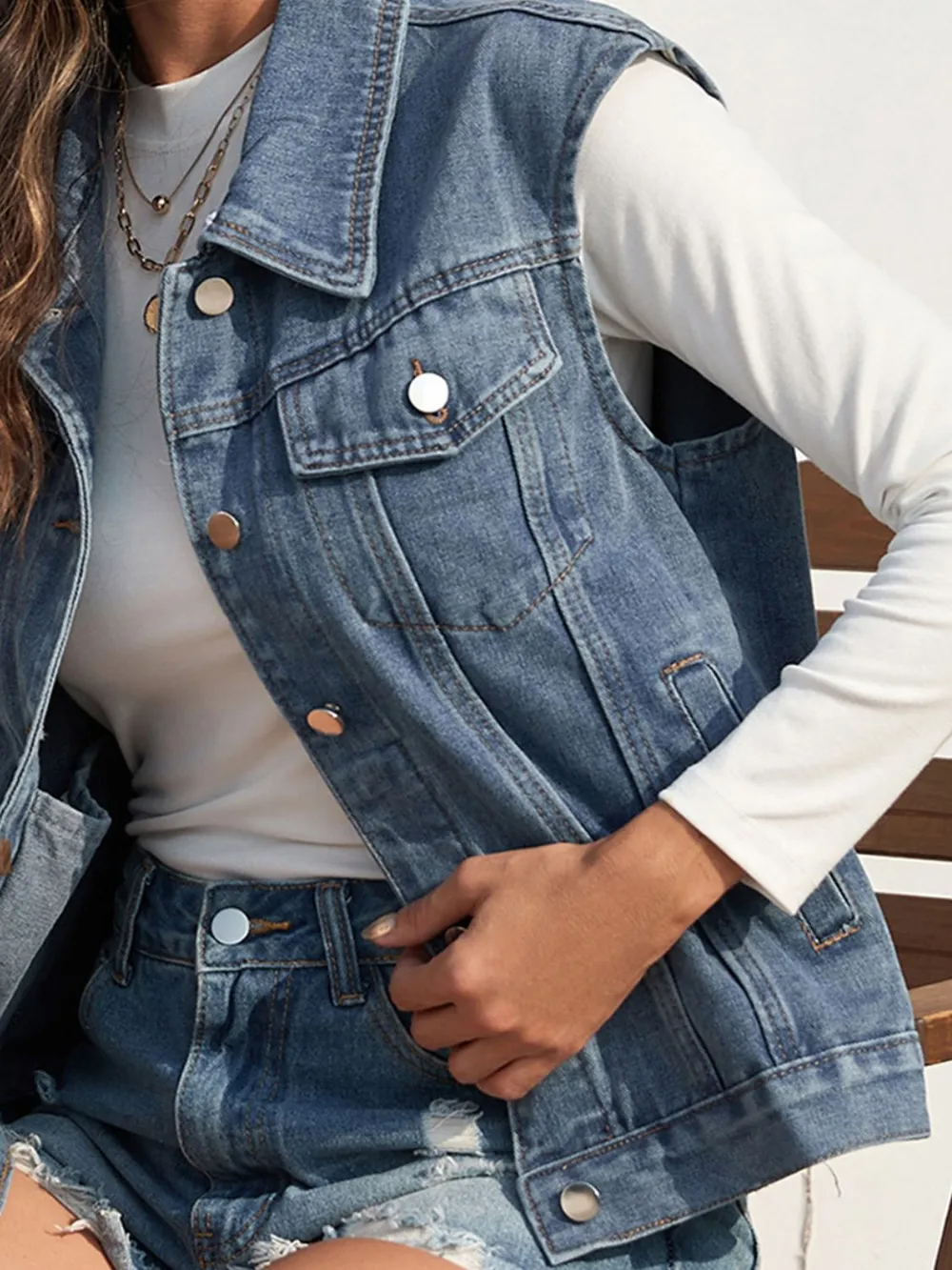 Collared Neck Sleeveless Denim Jacket, image 5
