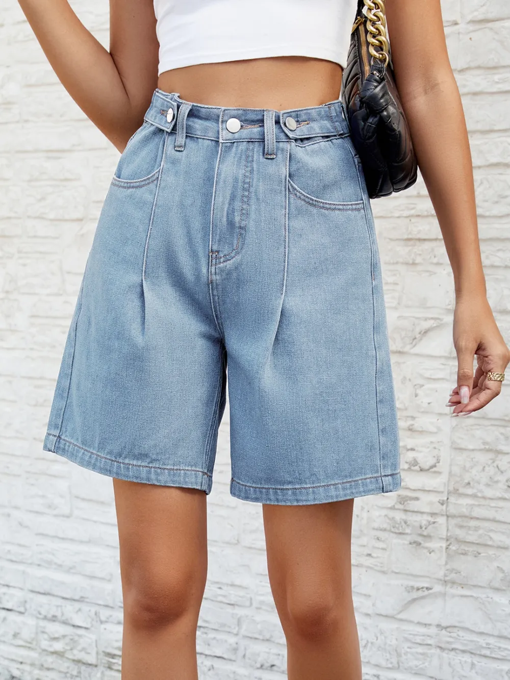 High Waist Denim Shorts with Pockets, image 6