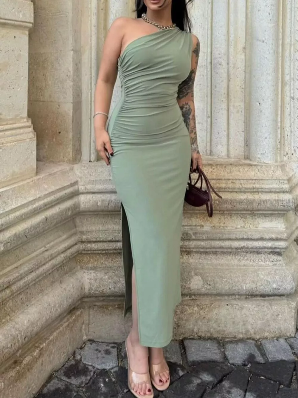 One-Shoulder Ruched Bodycon Slit Dress, image 7