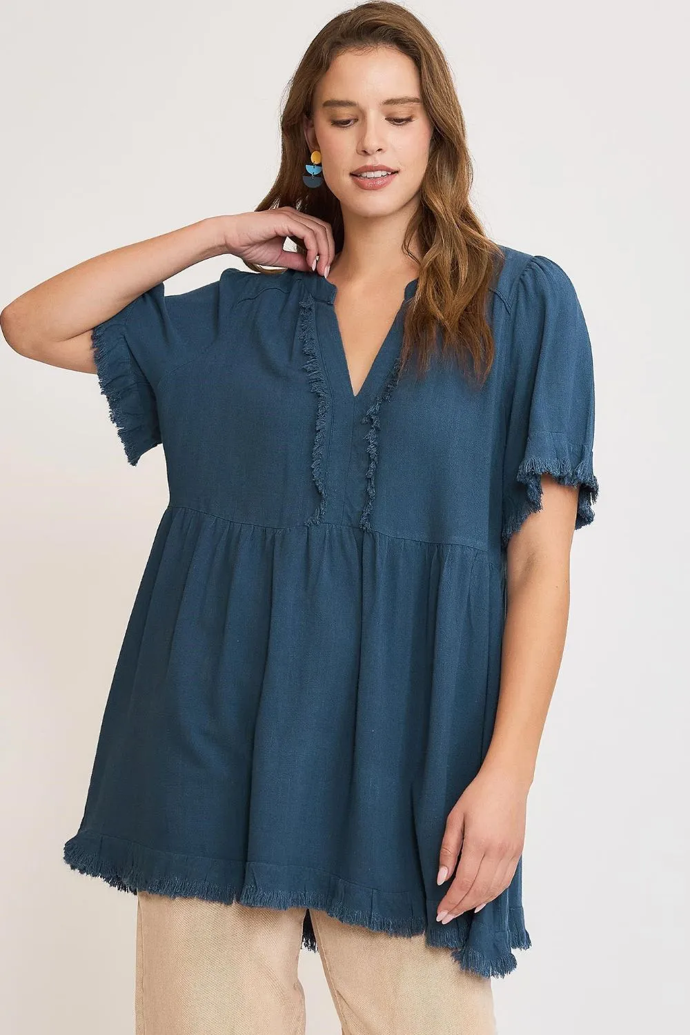 Full Size Raw Hem Notched Babydoll Linen Blouse Plus Size