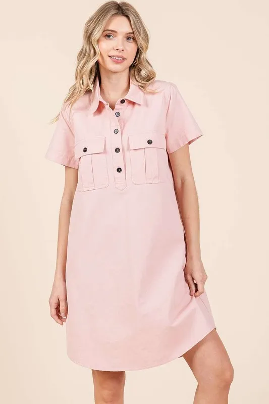 Button Detail Collared Neck Short Sleeve Shirt Dress, image 2