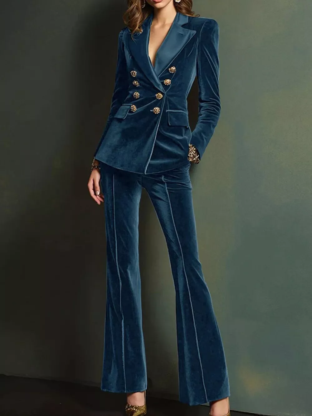 Velvet Double-Breasted Blazer and Flare Pant Set, image 6