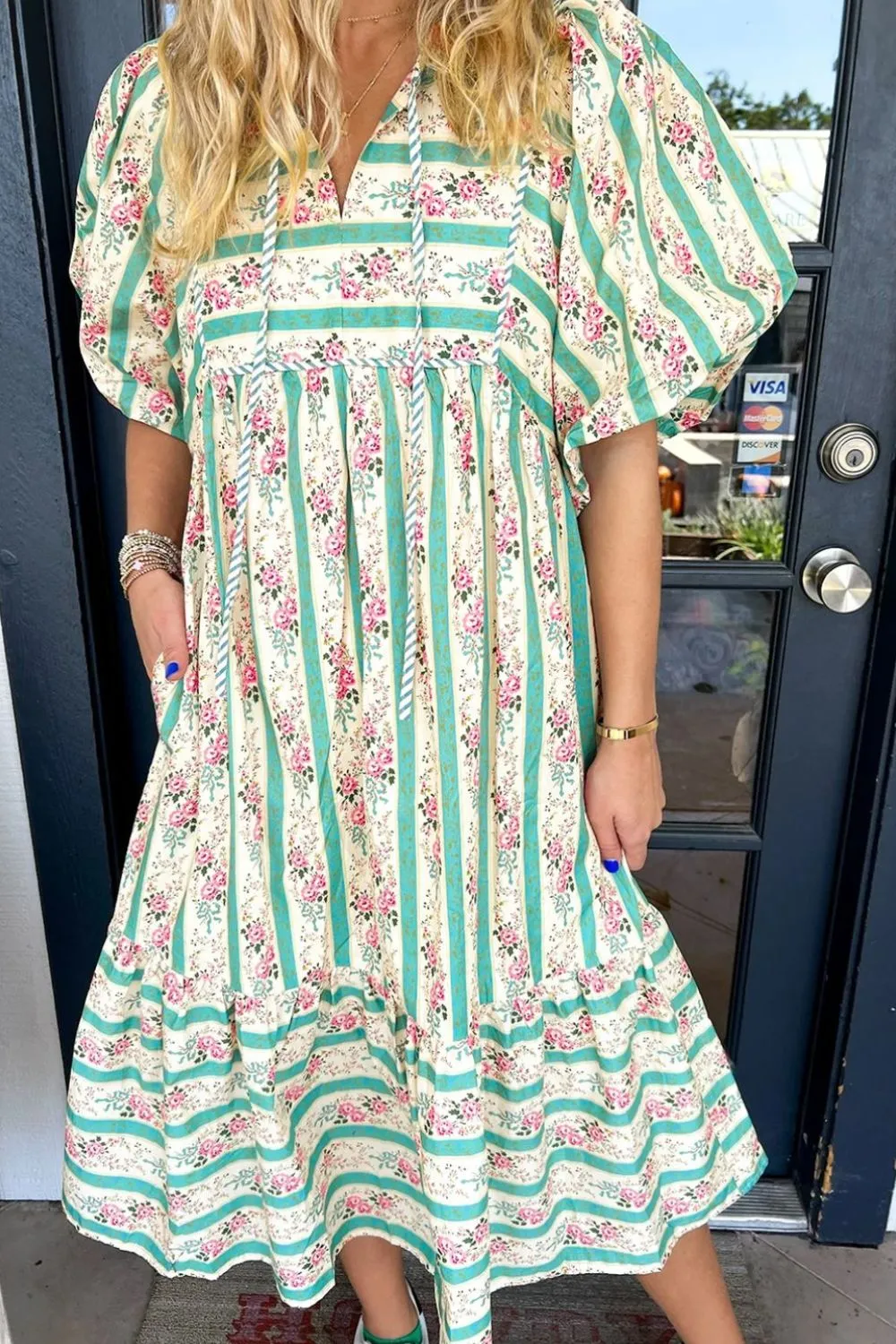 Striped Floral Print Tie Neck Puff Sleeve Midi Dress, image 10