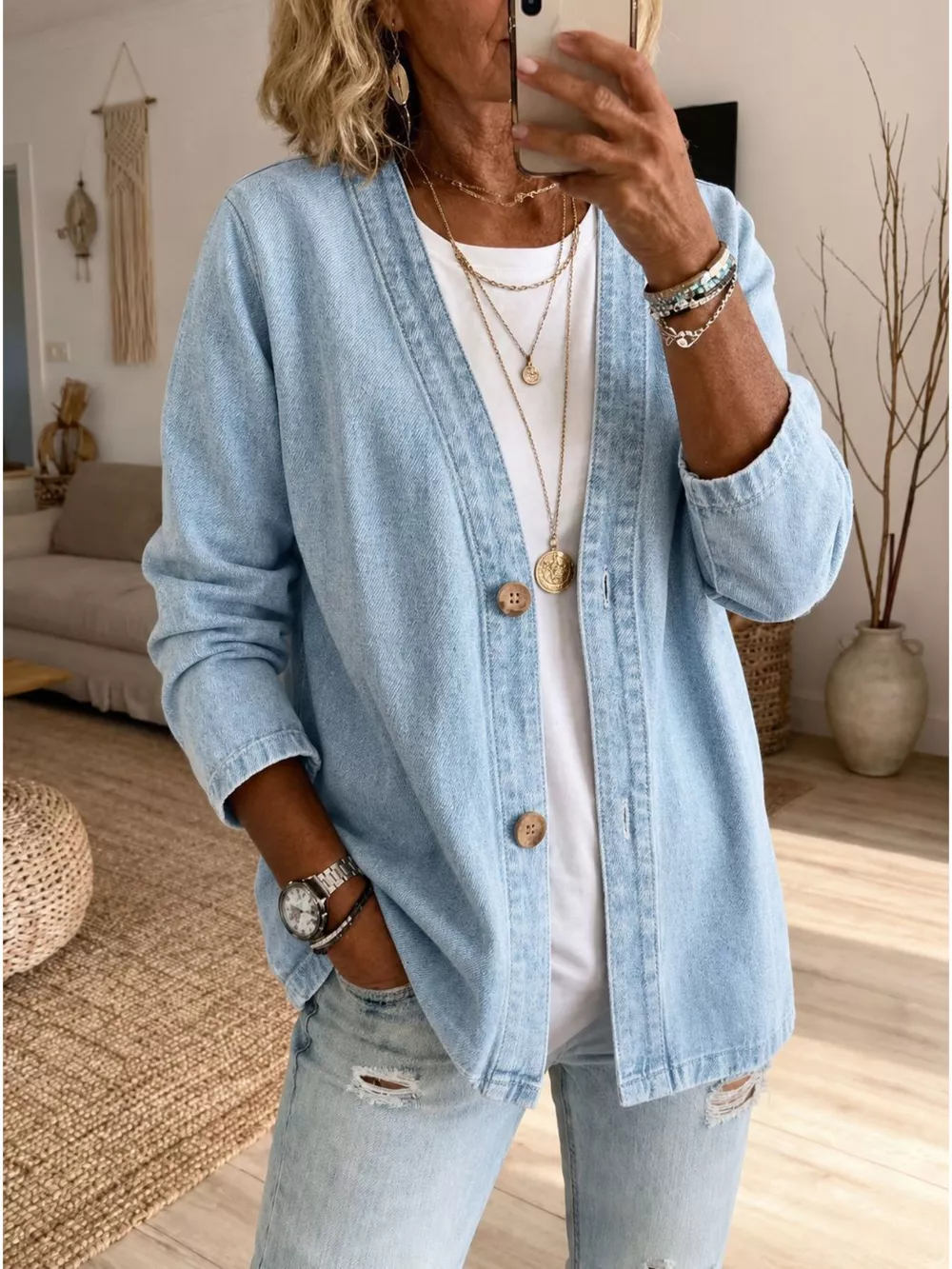 V-Neck Button-Down Denim Jacket