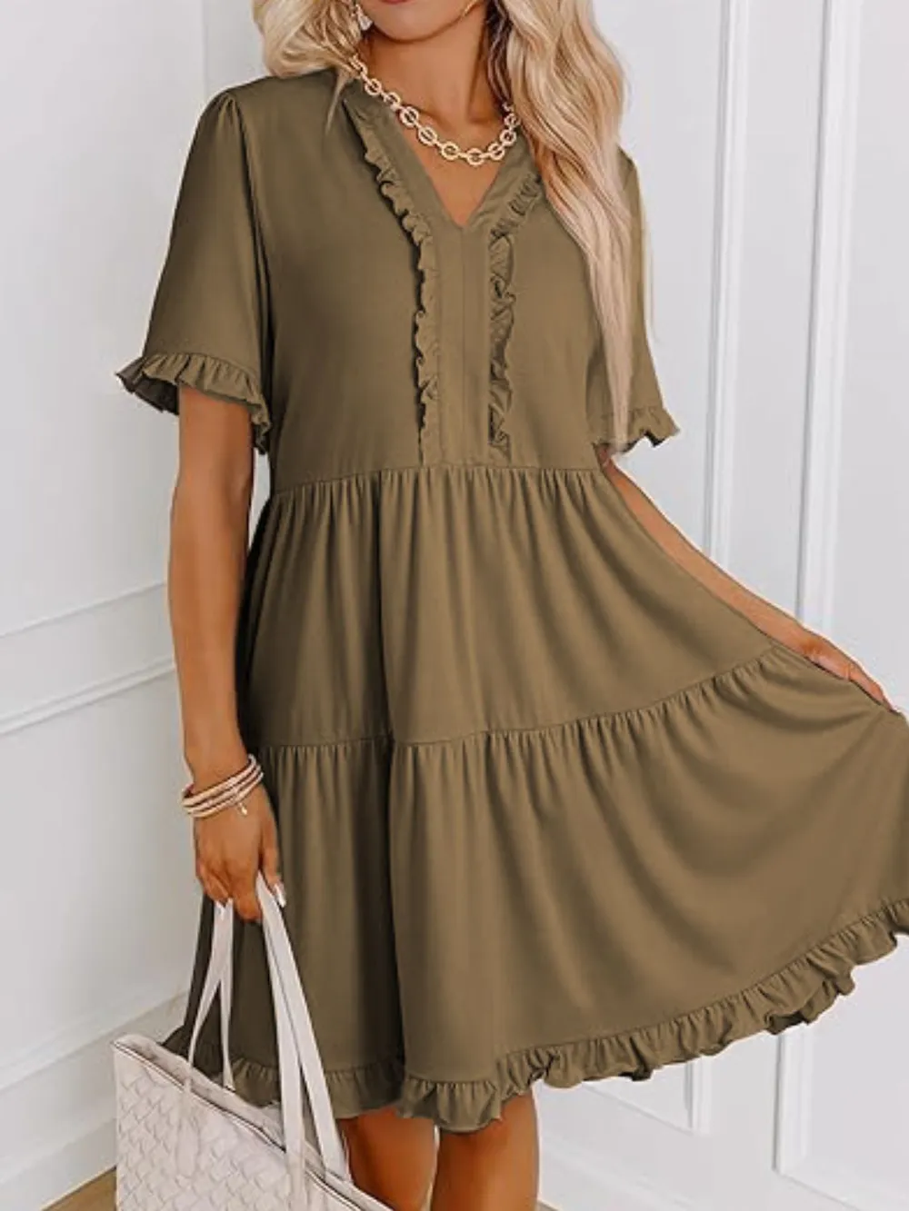 Tiered Notched Short Sleeve Mini Dress, image 10