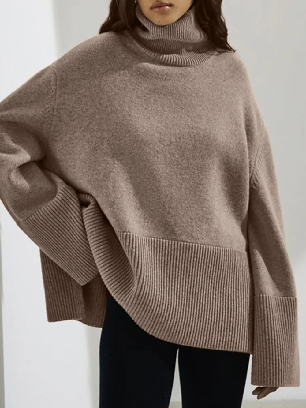 Side Slit Turtleneck Drop Shoulder Sweater, image 21
