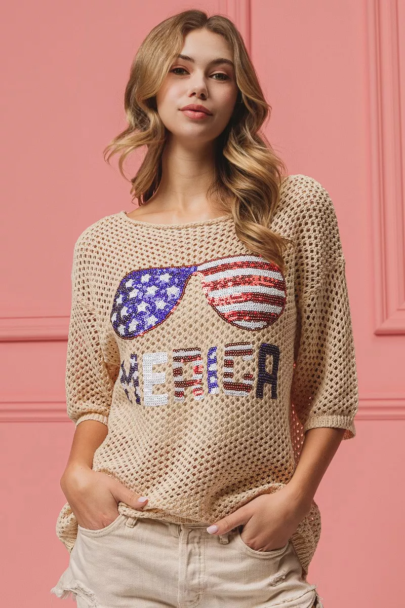 Sequin American Flag Sunglasses Knit Cover Up
