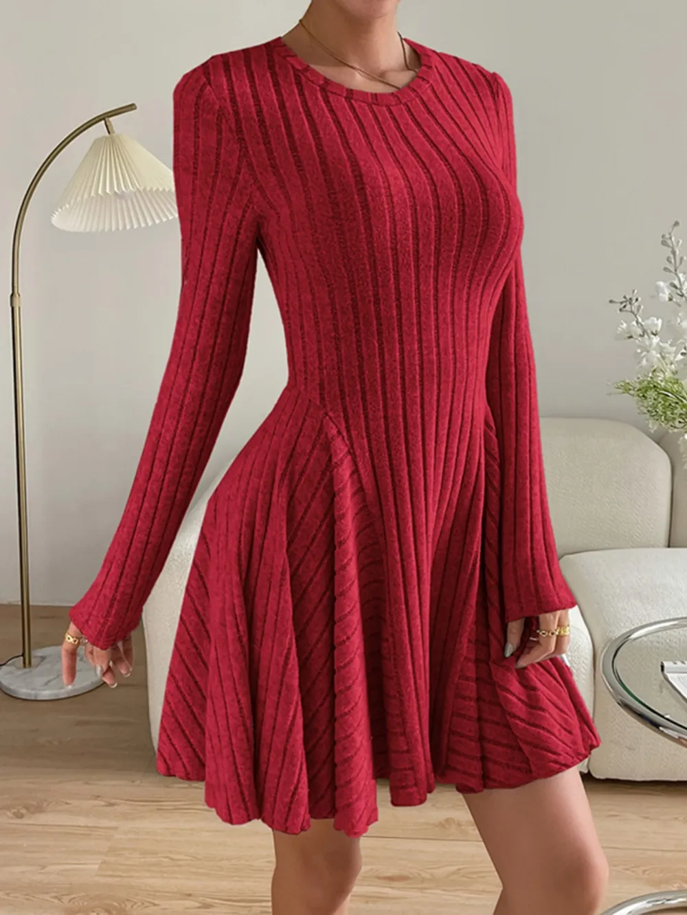 Ribbed Round Neck Long Sleeve Dress, image 5