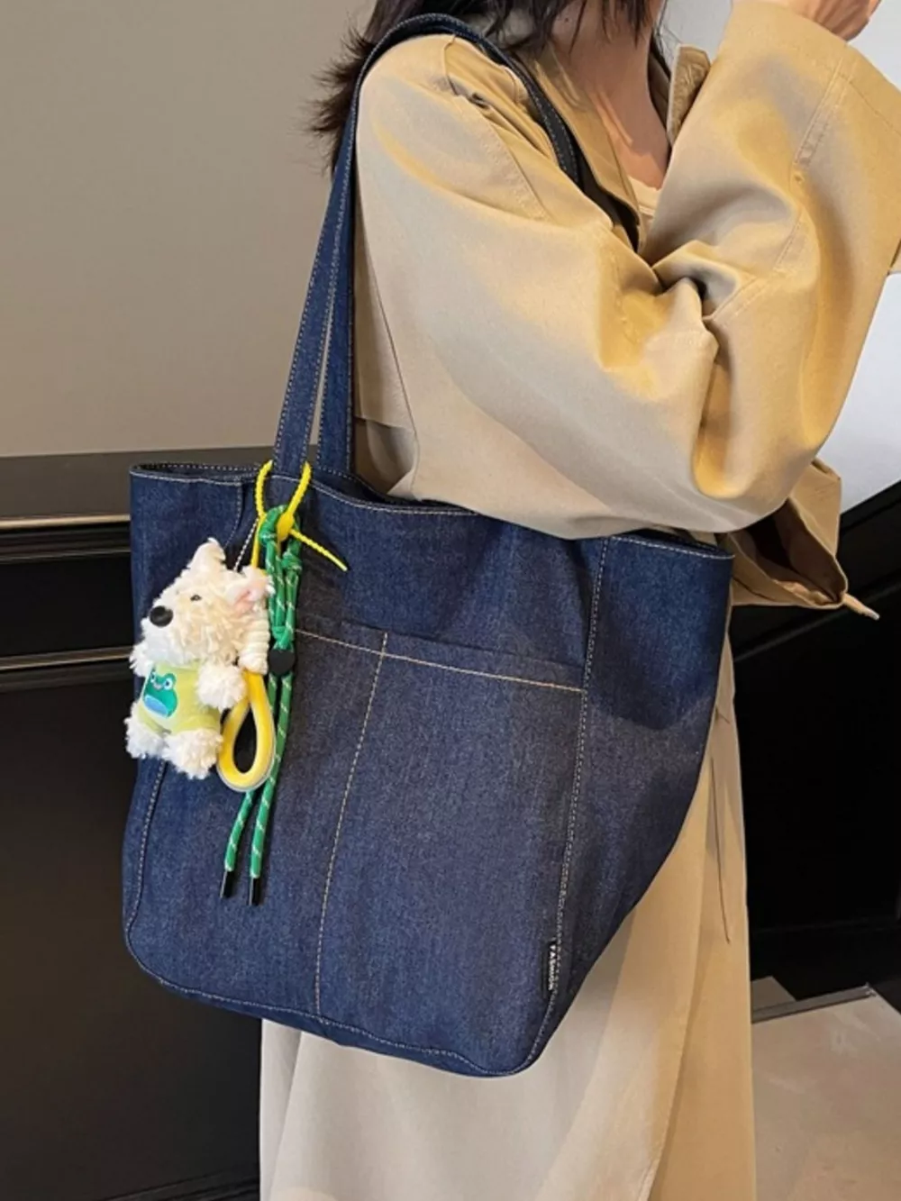 Denim Shoulder Bag with Cute Charm, image 7