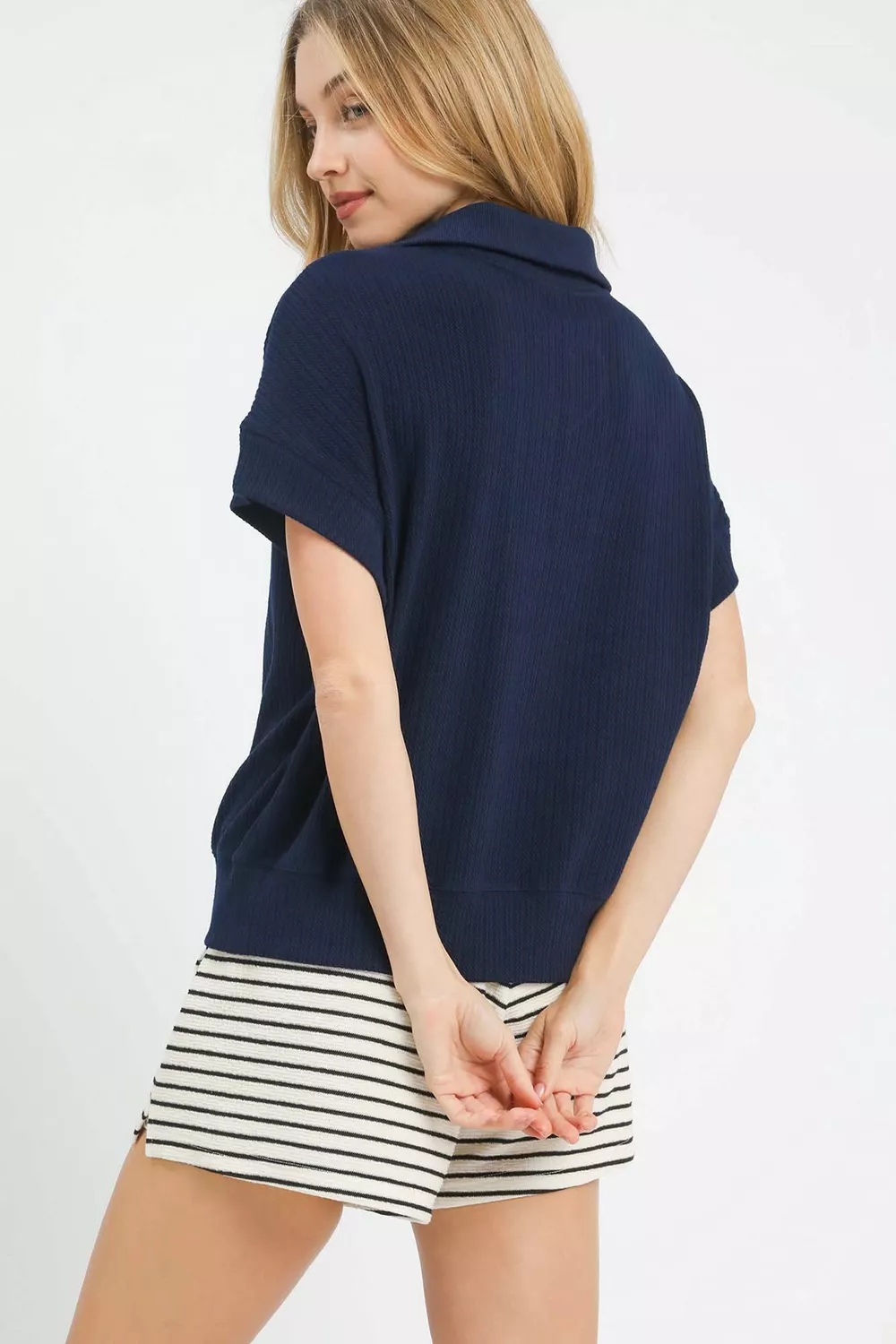Textured Striped Zip Collar Knit Top, image 4