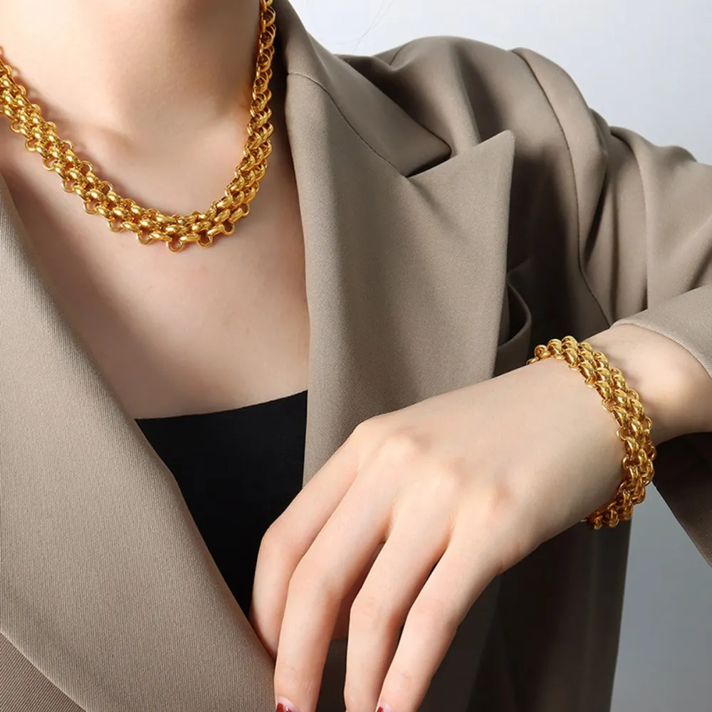 Gold Chain Link Jewelry Set with Necklace and Bracelet, image 2