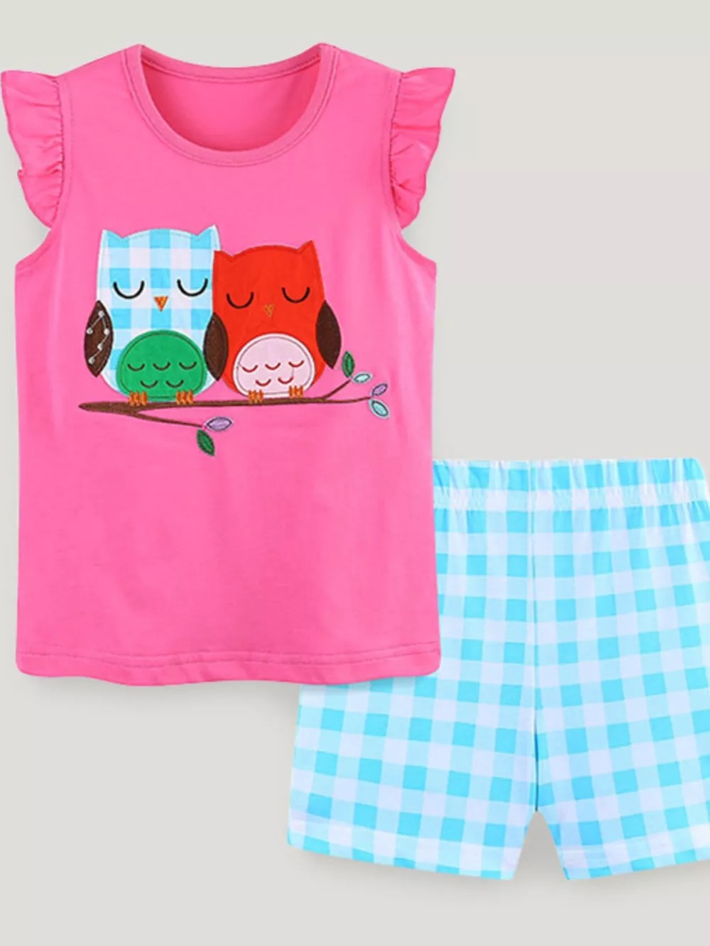 Children's Owl Graphic Top and Plaid Shorts Set, image 2