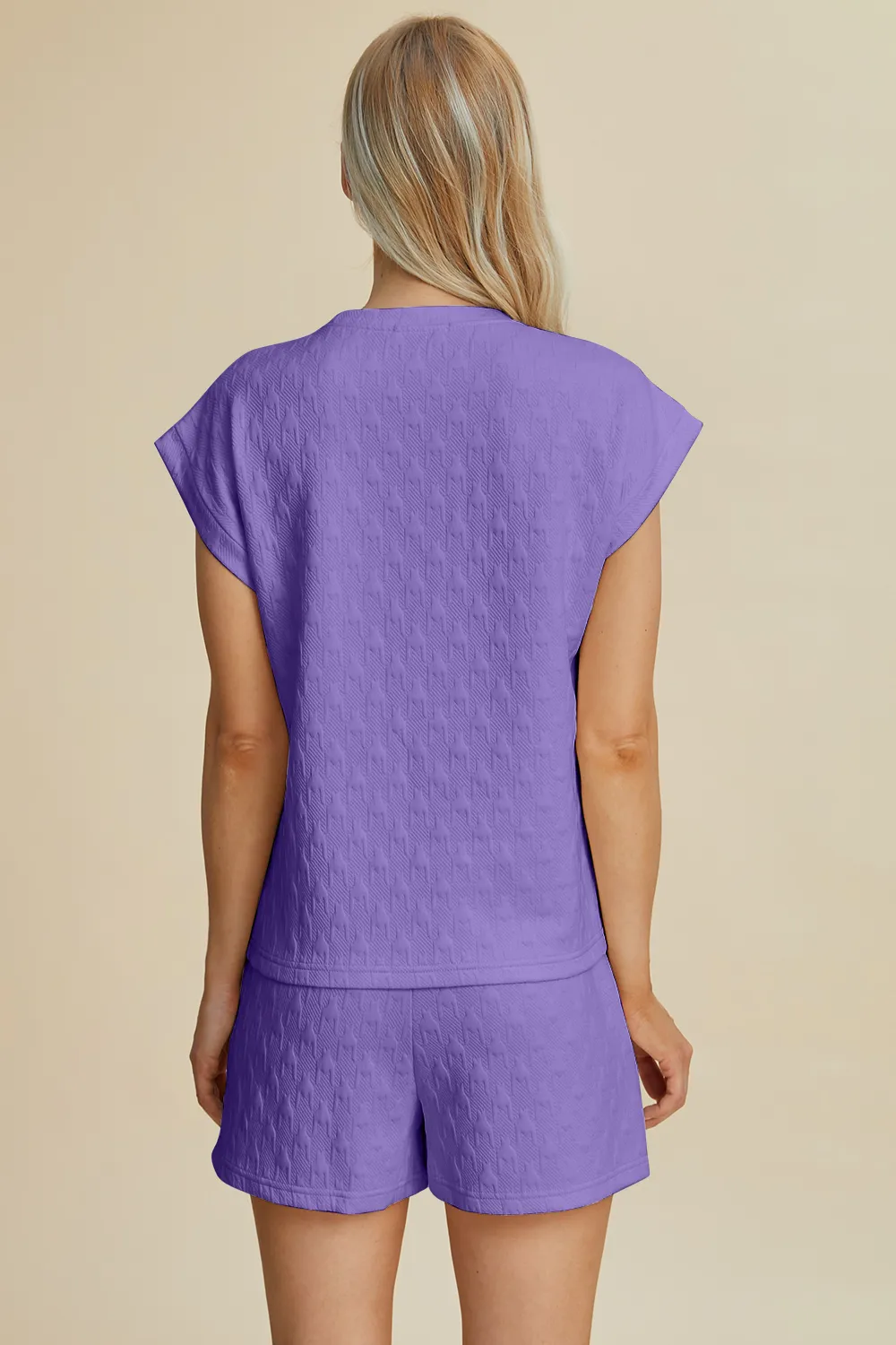 Full Size Pocketed Texture Round Neck Top and Shorts Set, image 2
