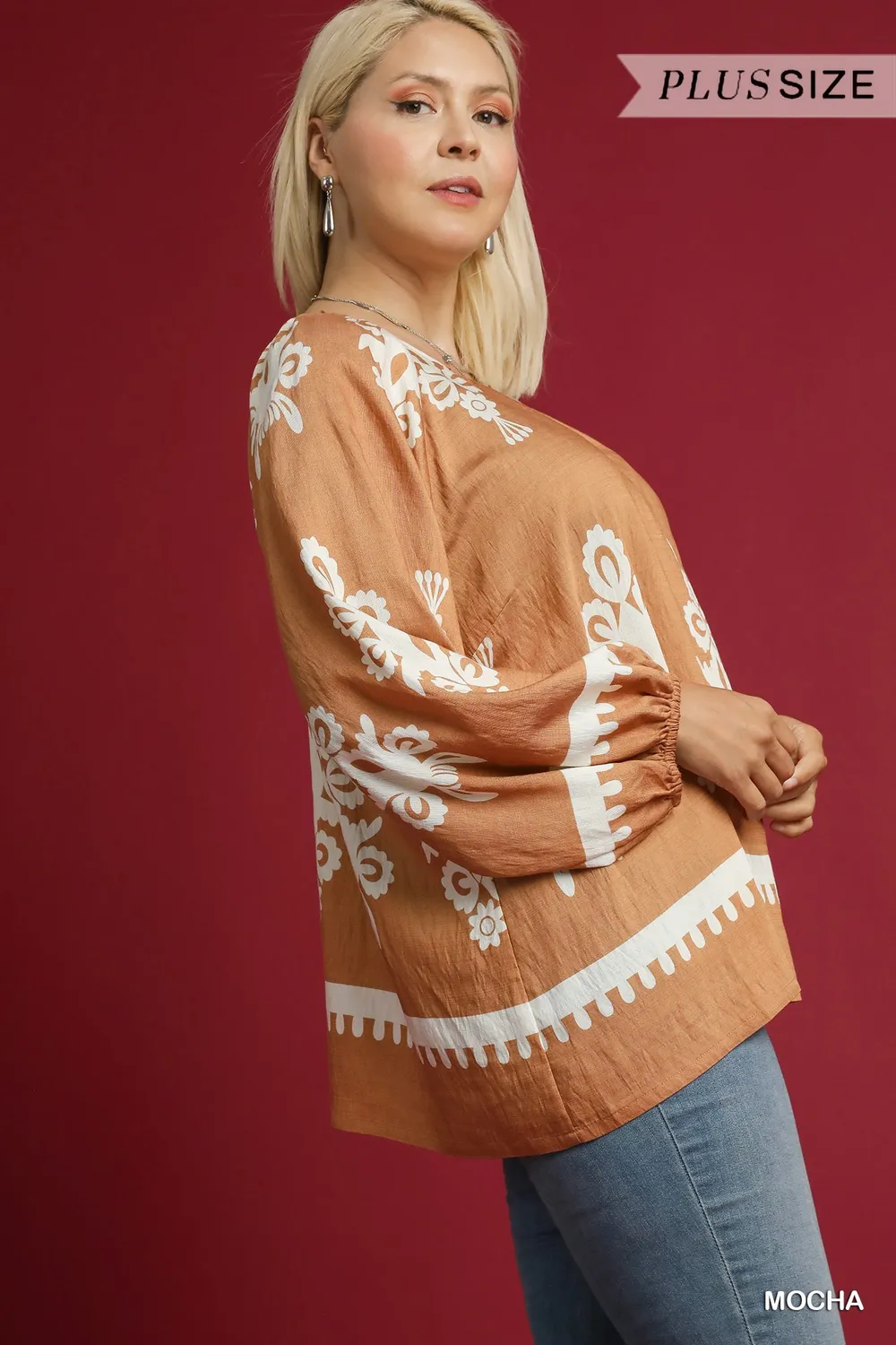 Full Size Two Tone Border Print Top with Balloon Sleeves Plus Size, image 4