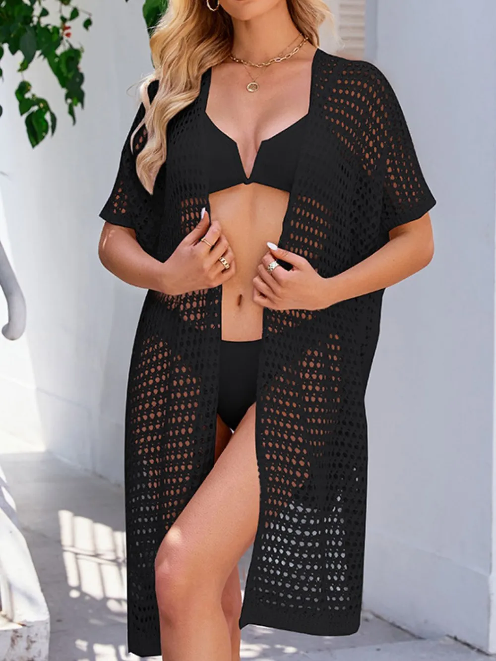Open Front Tied Openwork Cover-Up, image 7