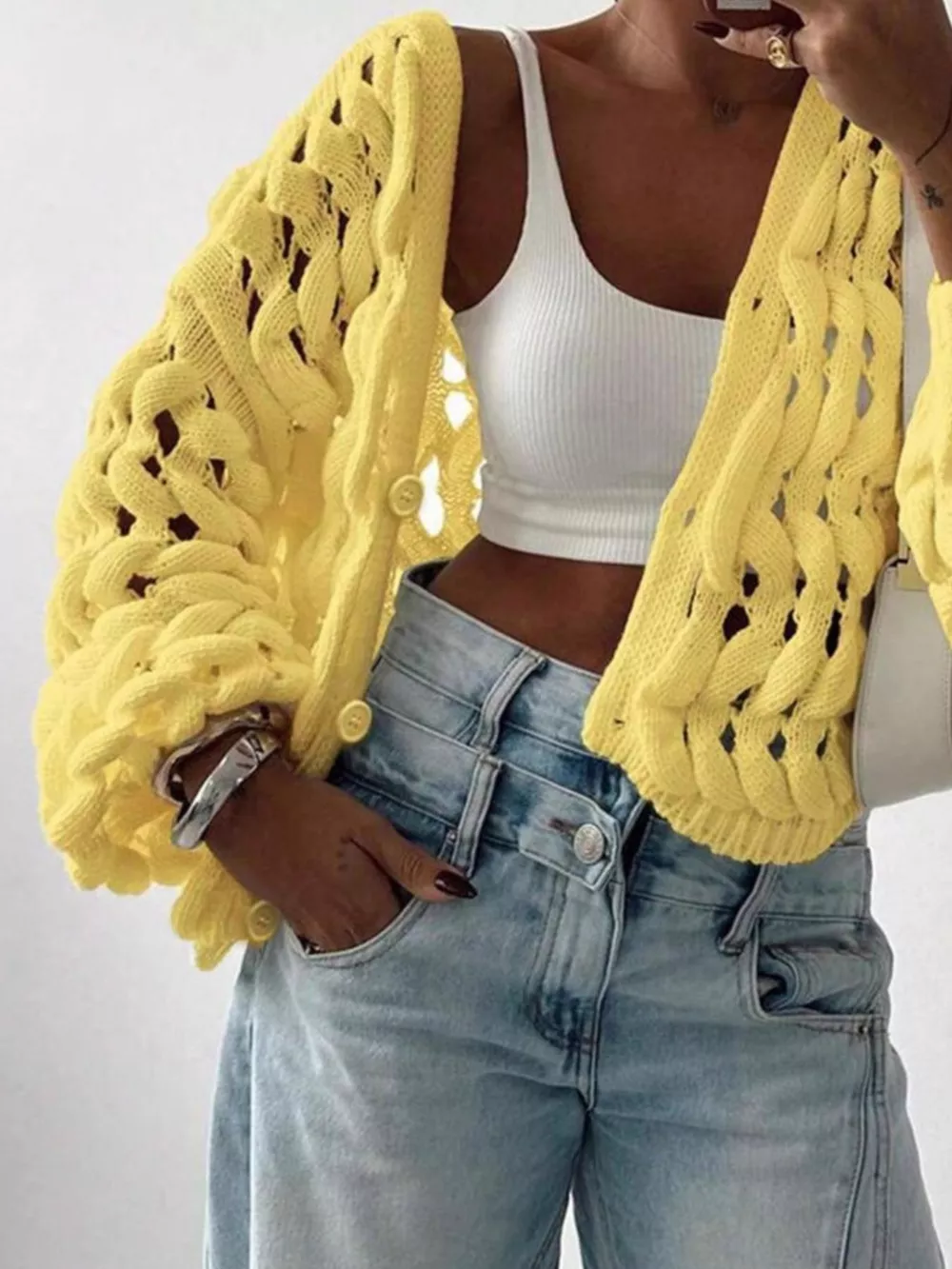 Openwork Button Up V-Neck Cardigan, image 10
