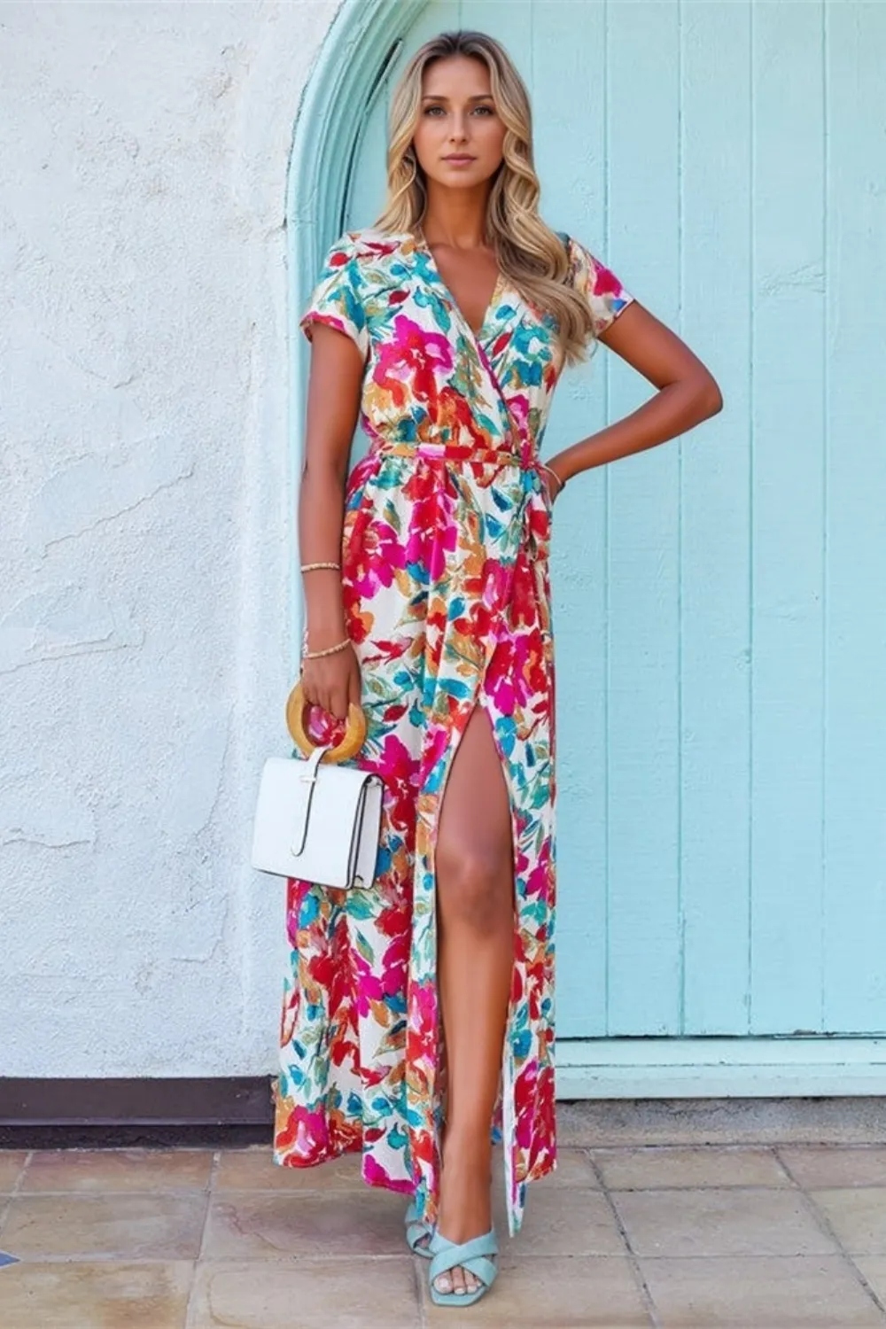 Printed Surplice Short Sleeve Tie Waist Maxi Dress, image 5