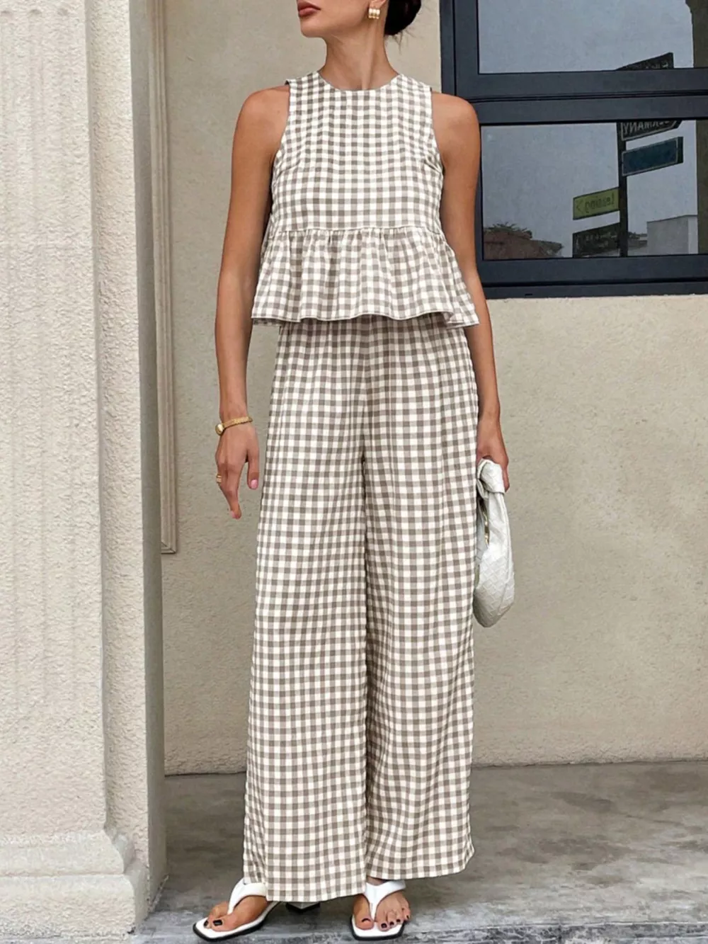 Gingham Sleeveless Top and Wide-Leg Pants Set, image 11
