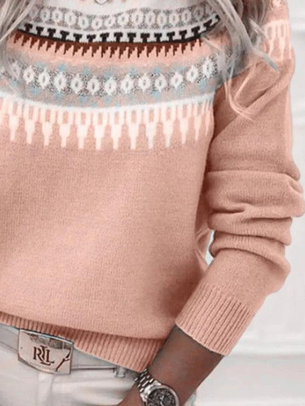 Full Size Vintage Patterned Round Neck Sweater Plus Size, image 29