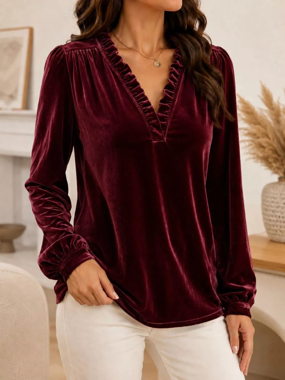 V-Neck Ruffle Trim Velvet Blouse, image 10