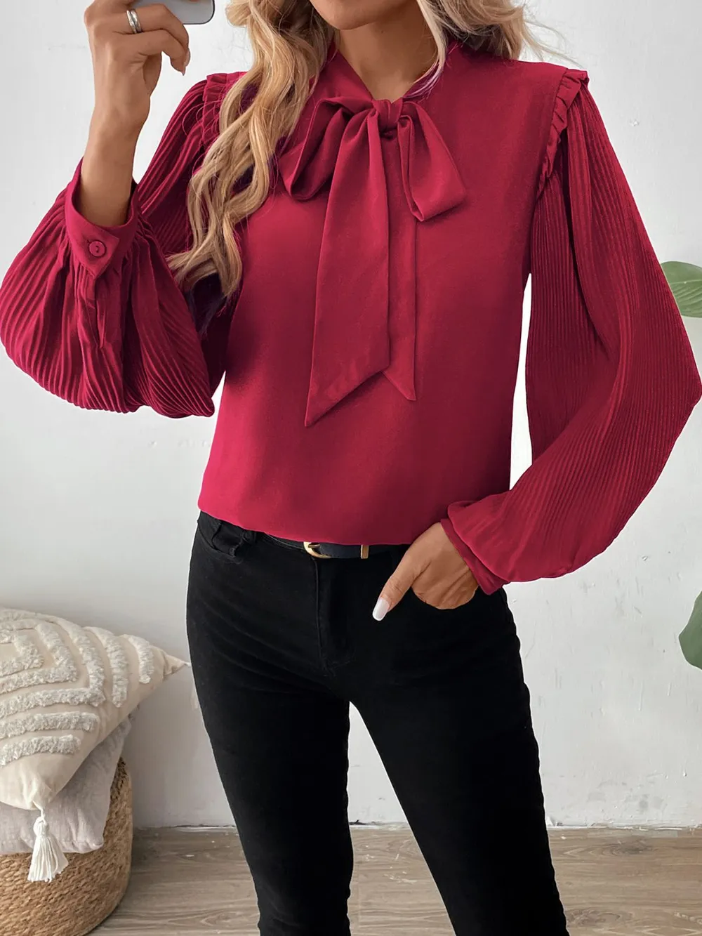 Frill Tie Neck Long Sleeve Blouse, image 6