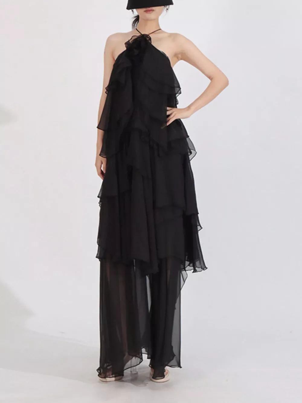 Ruffled Chiffon Halter Neck Maxi Dress, image 10