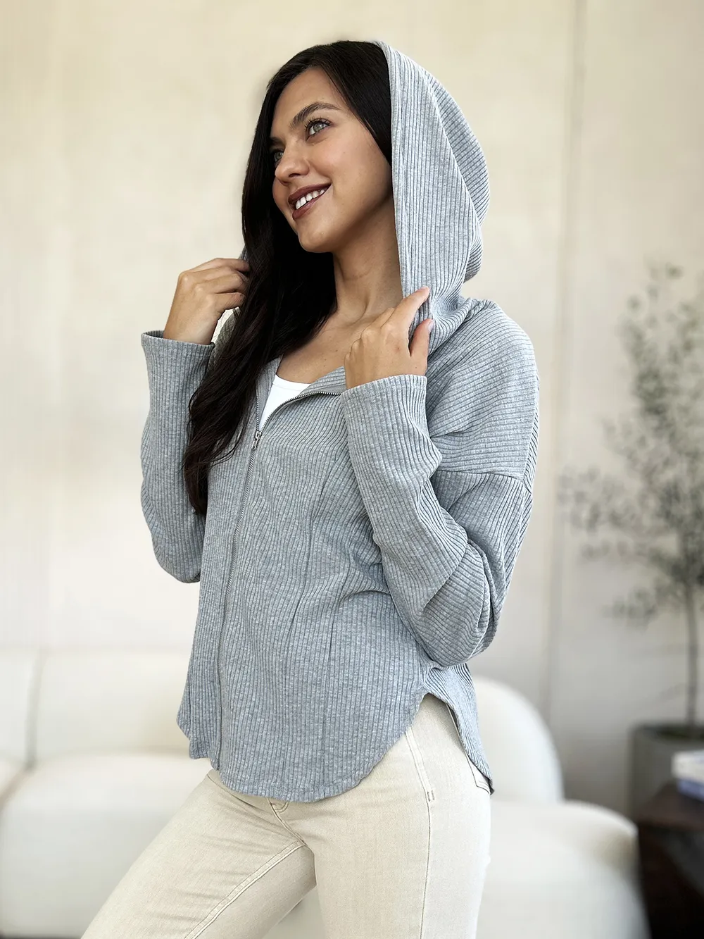 Full Size Ribbed Zip Up Drawstring Hooded Jacket, image 3