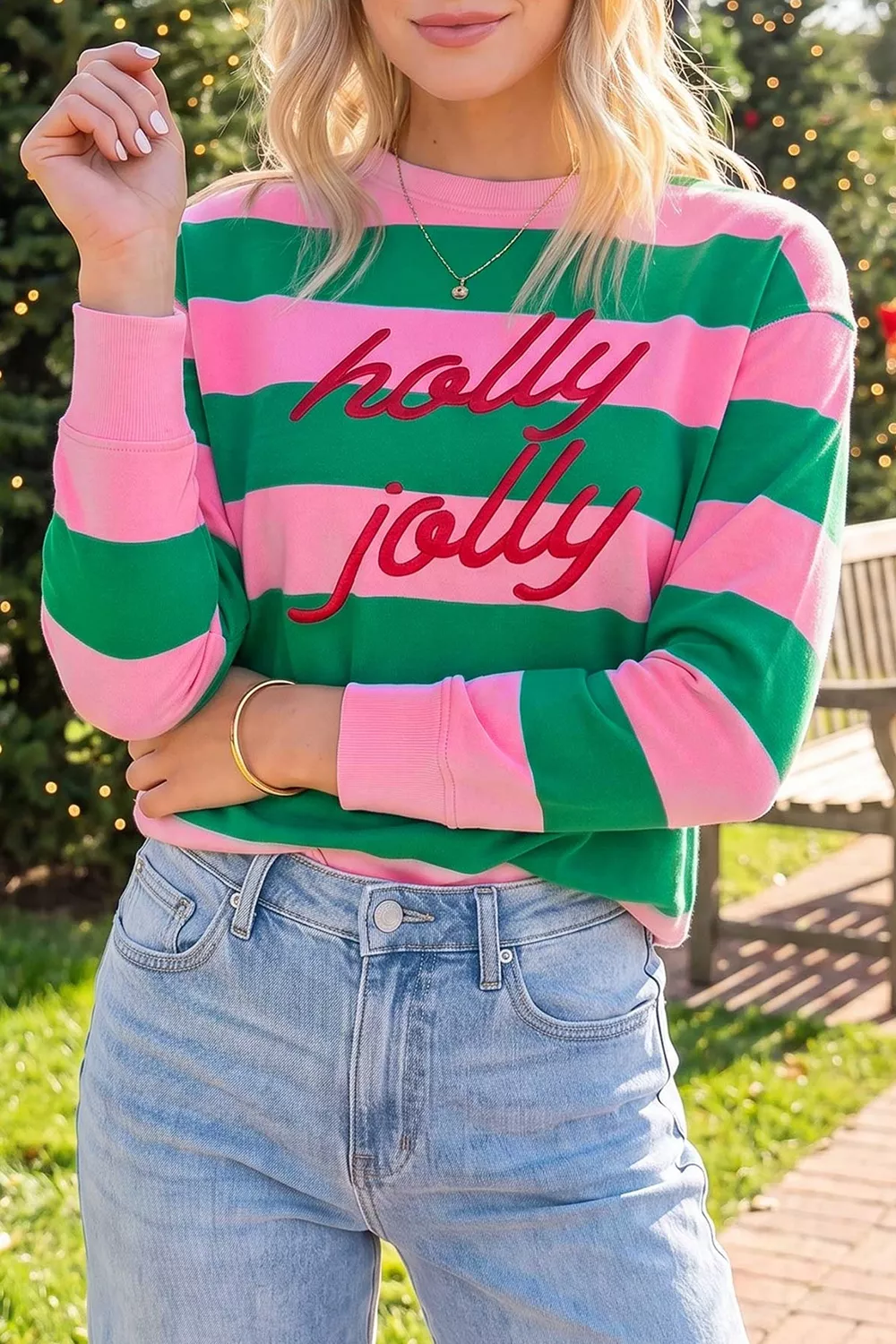 Stripe holly jolly Letter Embroidered Pullover Sweatshirt, image 3