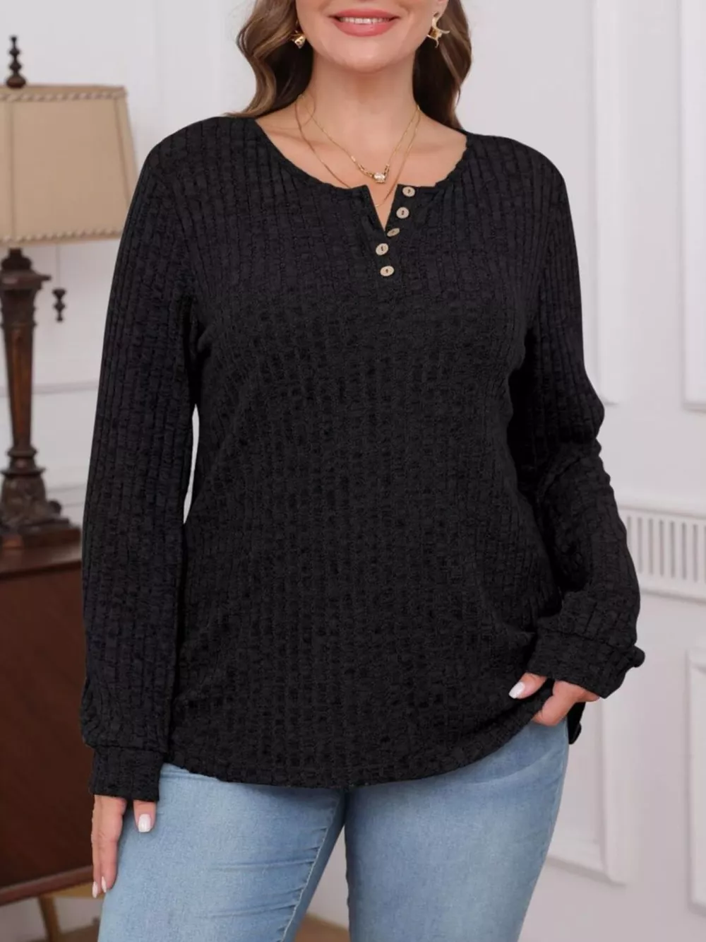 Ribbed Knit Button-Front Long Sleeve T-Shirt, image 5