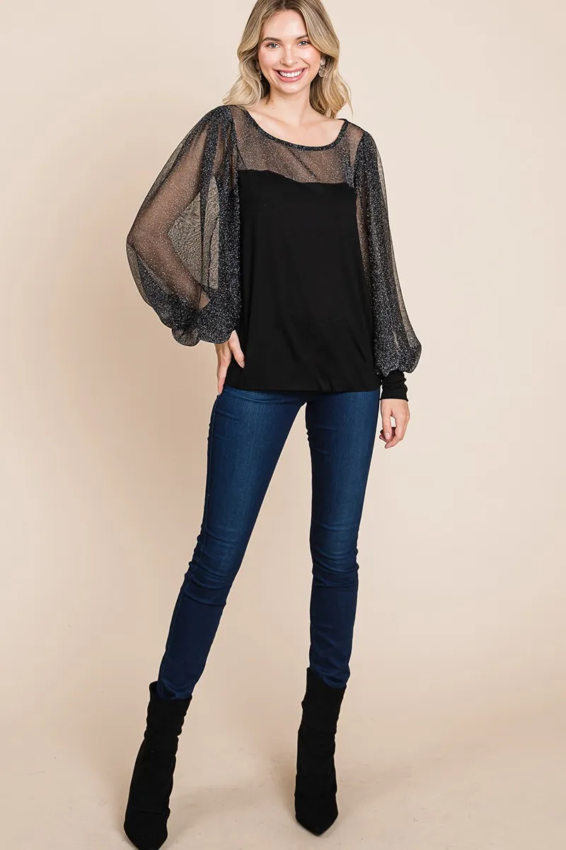 Full Size Metallic Mesh Lantern Sleeve Blouse, image 7