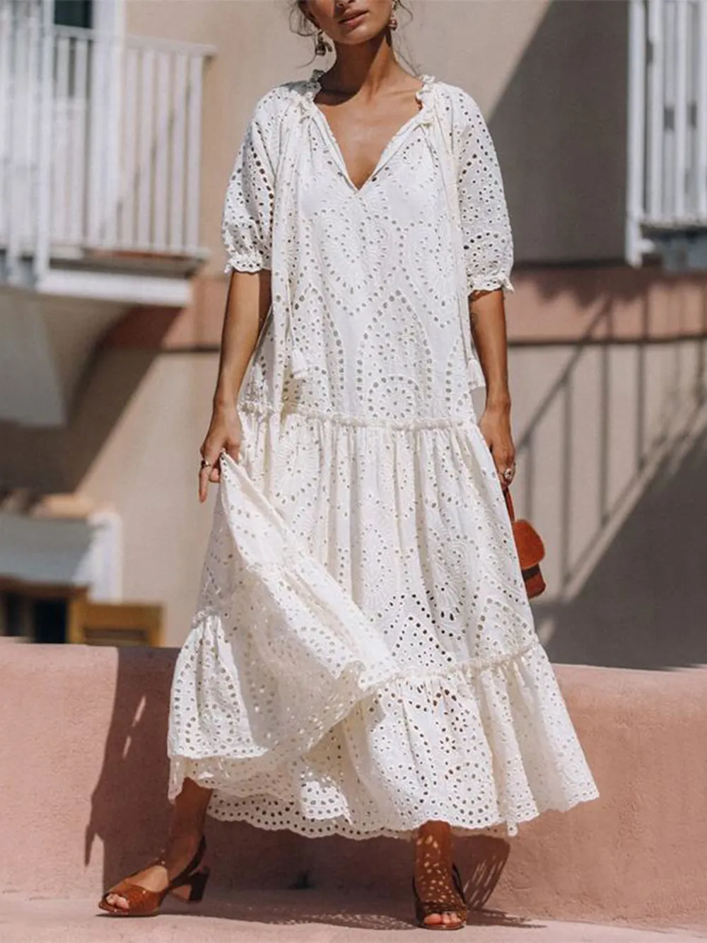 Tie Neck Half Sleeve Tiered Dress, image 3