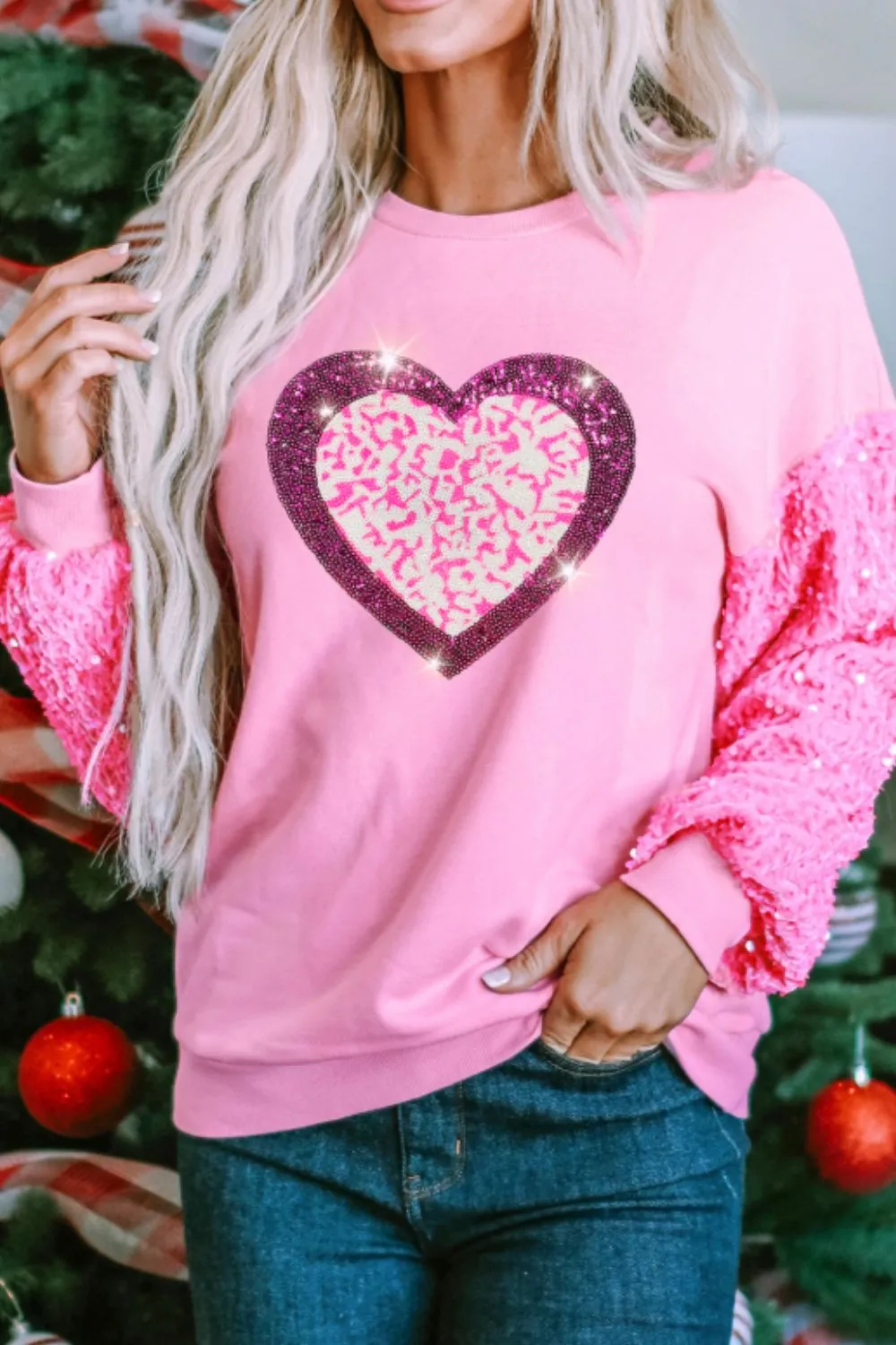 Valentine’s Day Sequin Heart Long Sleeve Sweatshirt, image 5